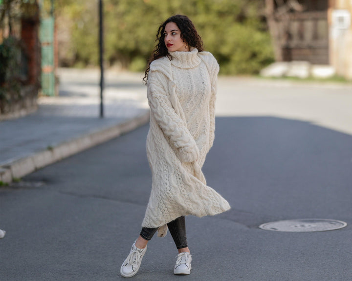 Cream Baby Alpaca Cardigan – Hand Knitted Long Extra Soft Maxi Coat T1386