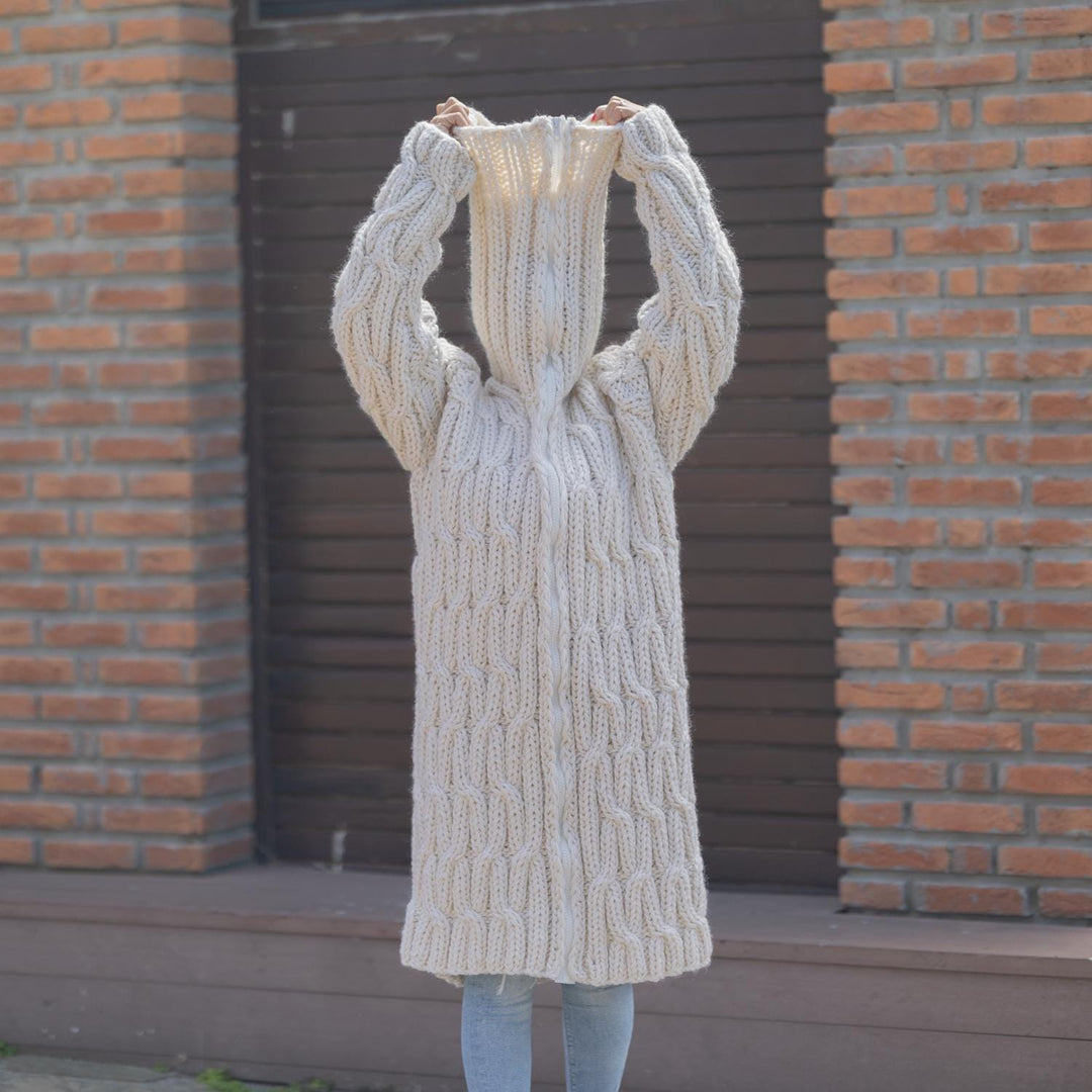 Chunky Wool Cable Knit Cardigan – Hand Knitted Zip Coat with 50 cm Turtleneck T1868