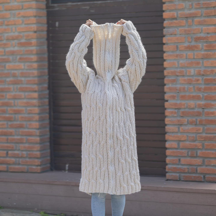 Chunky Wool Cable Knit Cardigan – Hand Knitted Zip Coat with 50 cm Turtleneck T1868