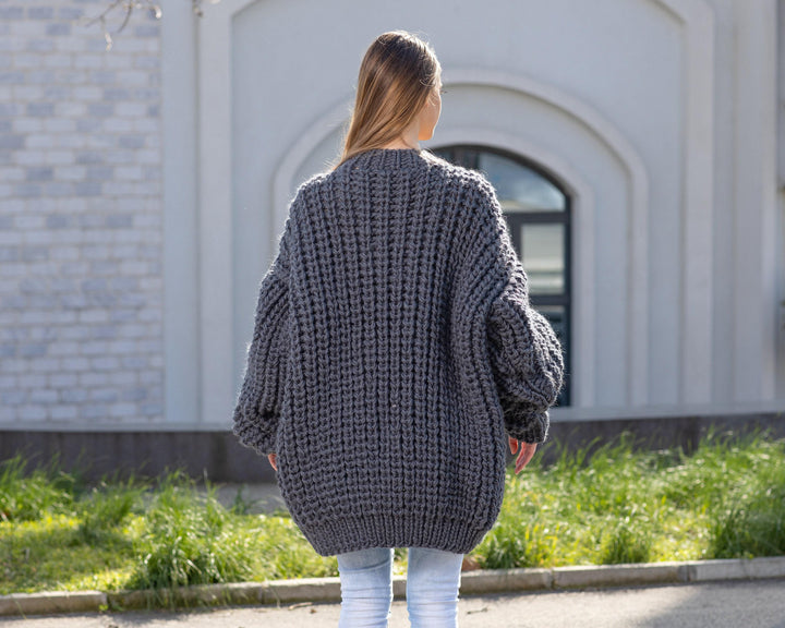 Gray Wool Cardigan – Hand Knitted Fisherman Style English Rib Coat T1021M