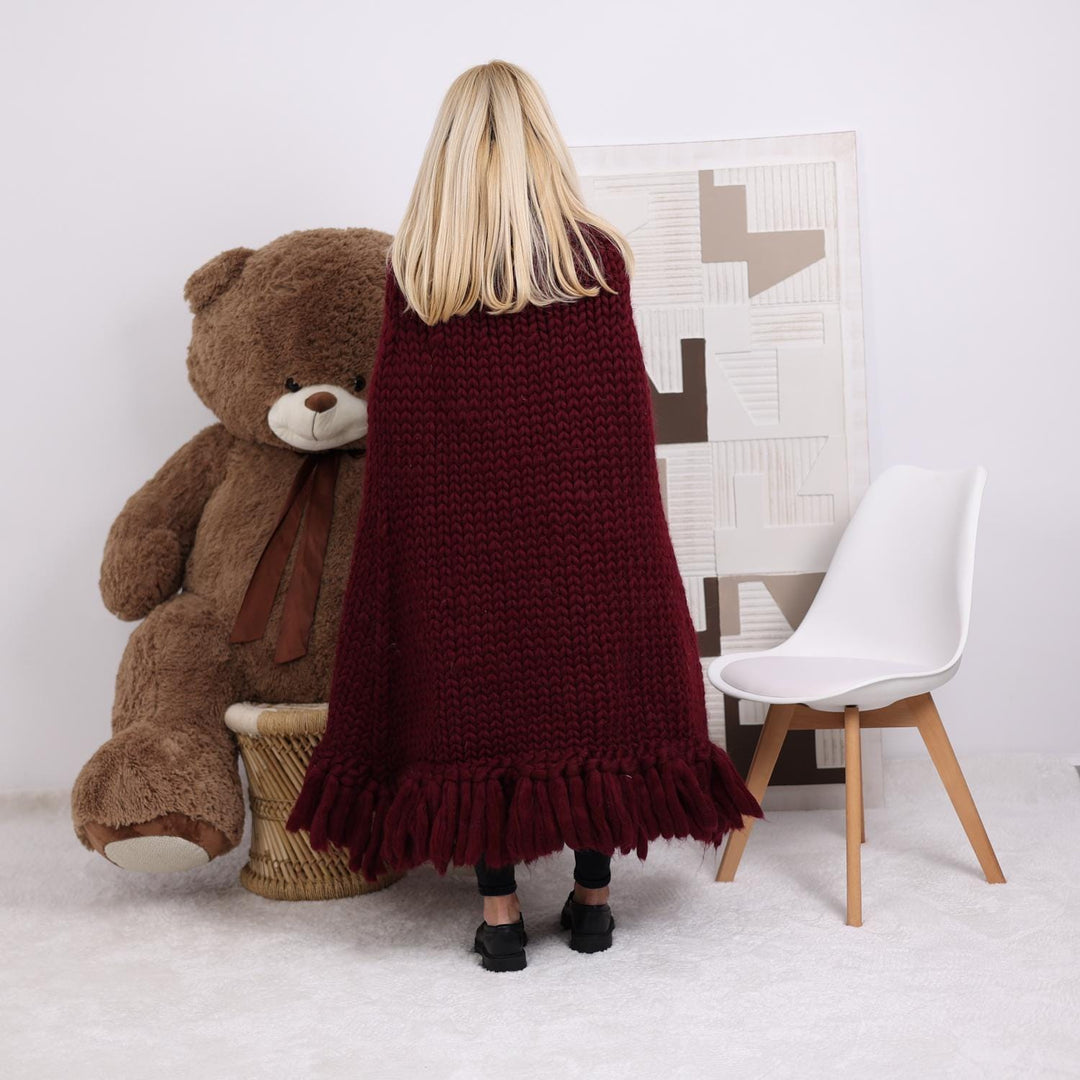 Chunky Merino Wool Poncho – Hand Knitted Roving Yarn Cape with Cowlneck T1853