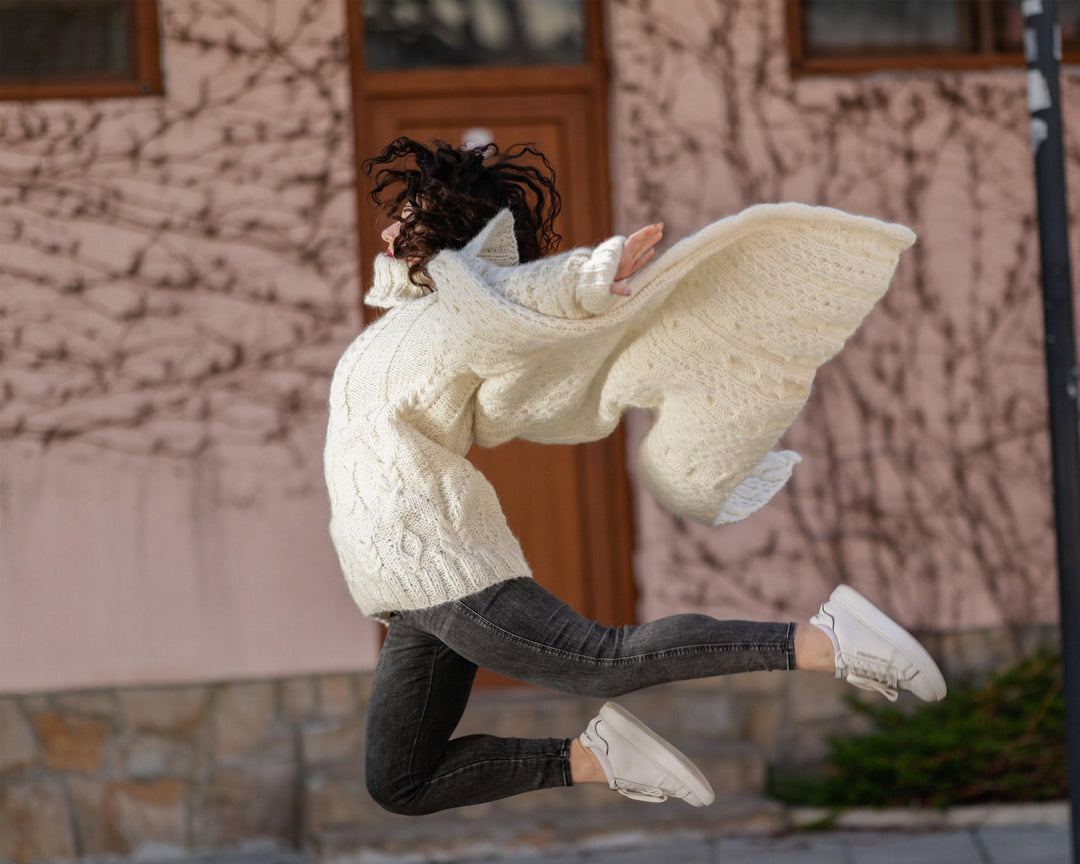 Cream Baby Alpaca Cardigan – Hand Knitted Long Extra Soft Maxi Coat T1386