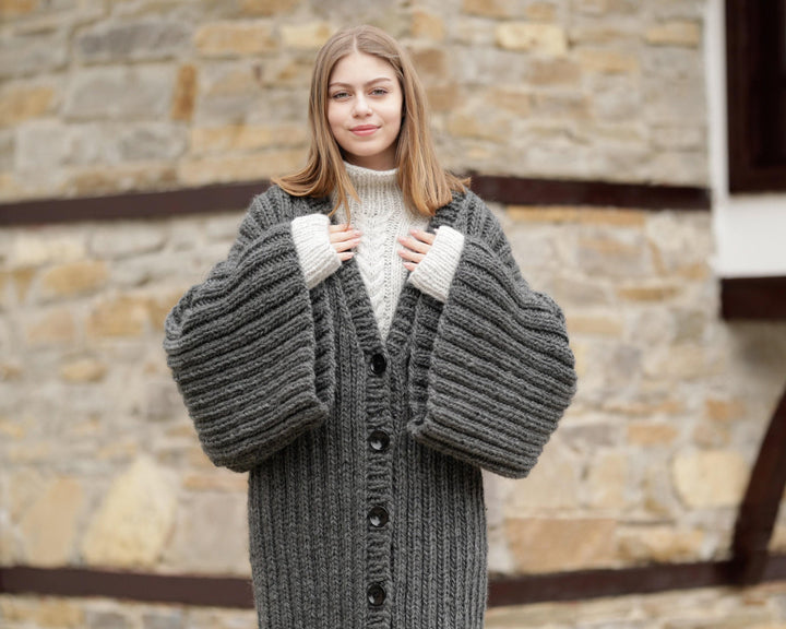 Gray Wool Cardigan – Hand Knitted with Extra Wide Sleeves T1368