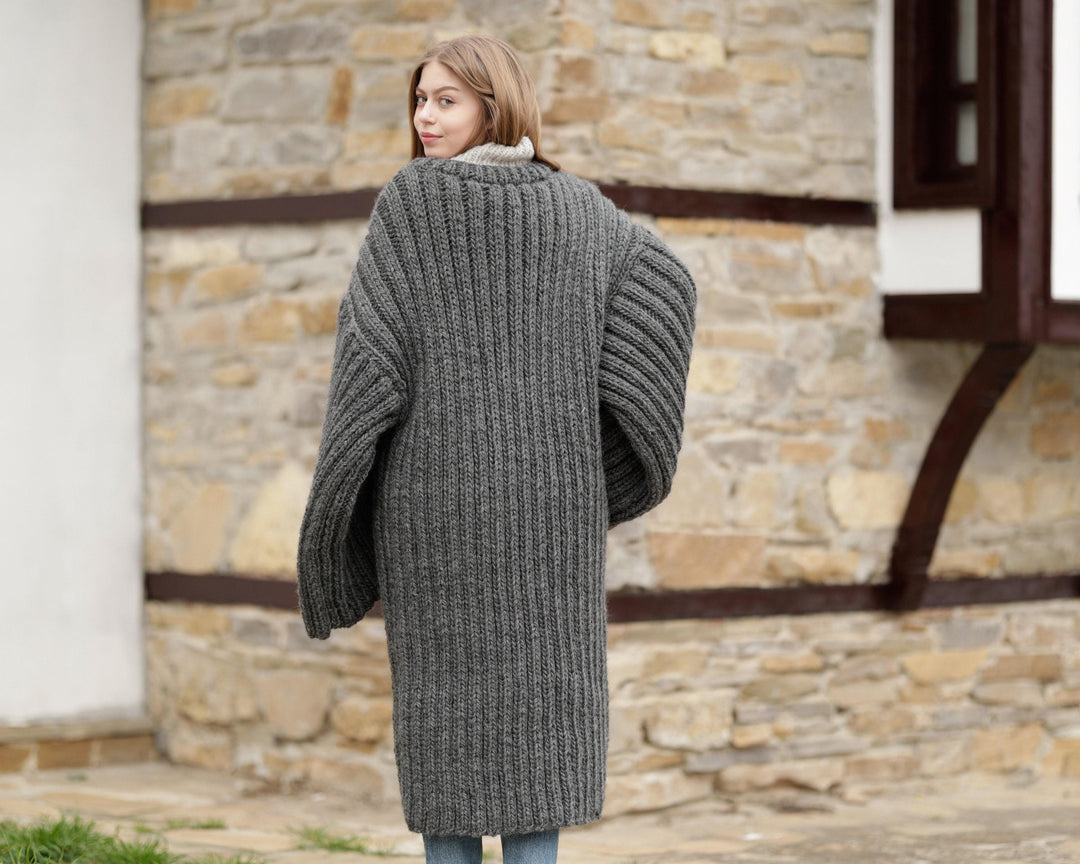 Gray Wool Cardigan – Hand Knitted with Extra Wide Sleeves T1368