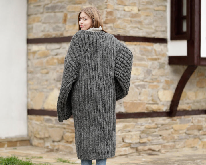 Gray Wool Cardigan – Hand Knitted with Extra Wide Sleeves T1368