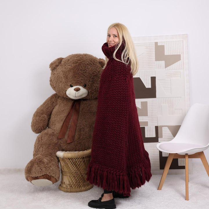 Chunky Merino Wool Poncho – Hand Knitted Roving Yarn Cape with Cowlneck T1853