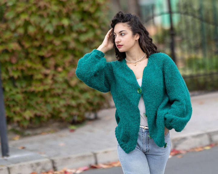 Green Alpaca Cardigan – Hand Knitted Soft  Wool Jacket T1505