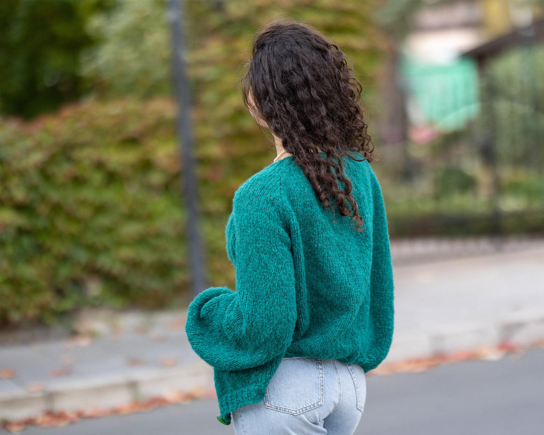 Green Alpaca Cardigan – Hand Knitted Soft  Wool Jacket T1505