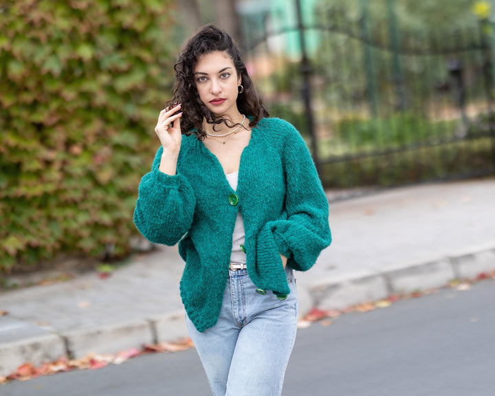 Green Alpaca Cardigan – Hand Knitted Soft  Wool Jacket T1505