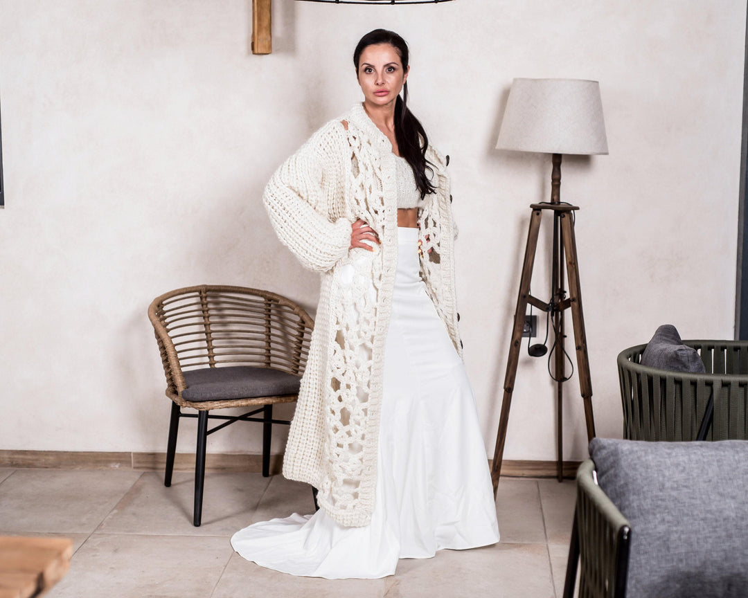 Wool Cardigan – Hand Knitted 100% Wool Crochet and Rib Maxi Coat T806