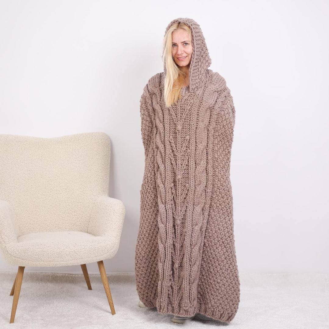 Striped Wool Poncho – Hand Knitted 3-Strand Fringed Cape with Long Turtleneck T1896