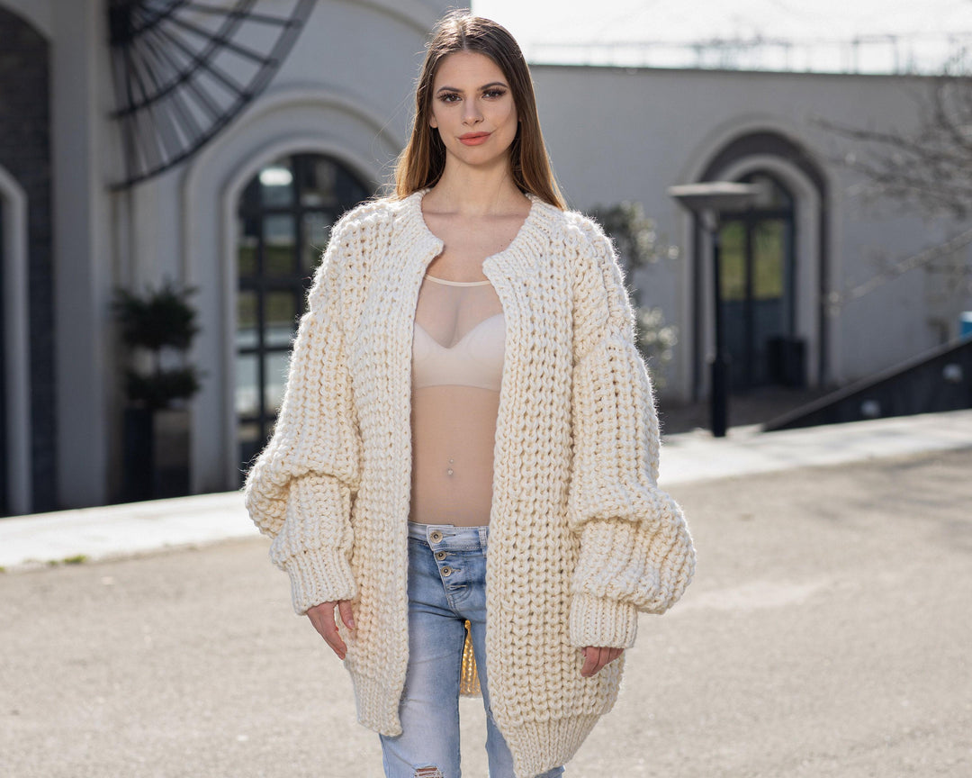 Cream Wool Cardigan – Hand Knitted 100% Wool English Rib Coat T1022M