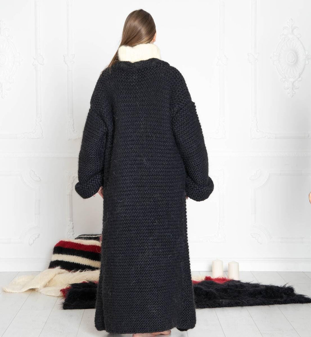 Black Wool Cardigan – Hand Knitted Long Oversized Chunky Coat T637W
