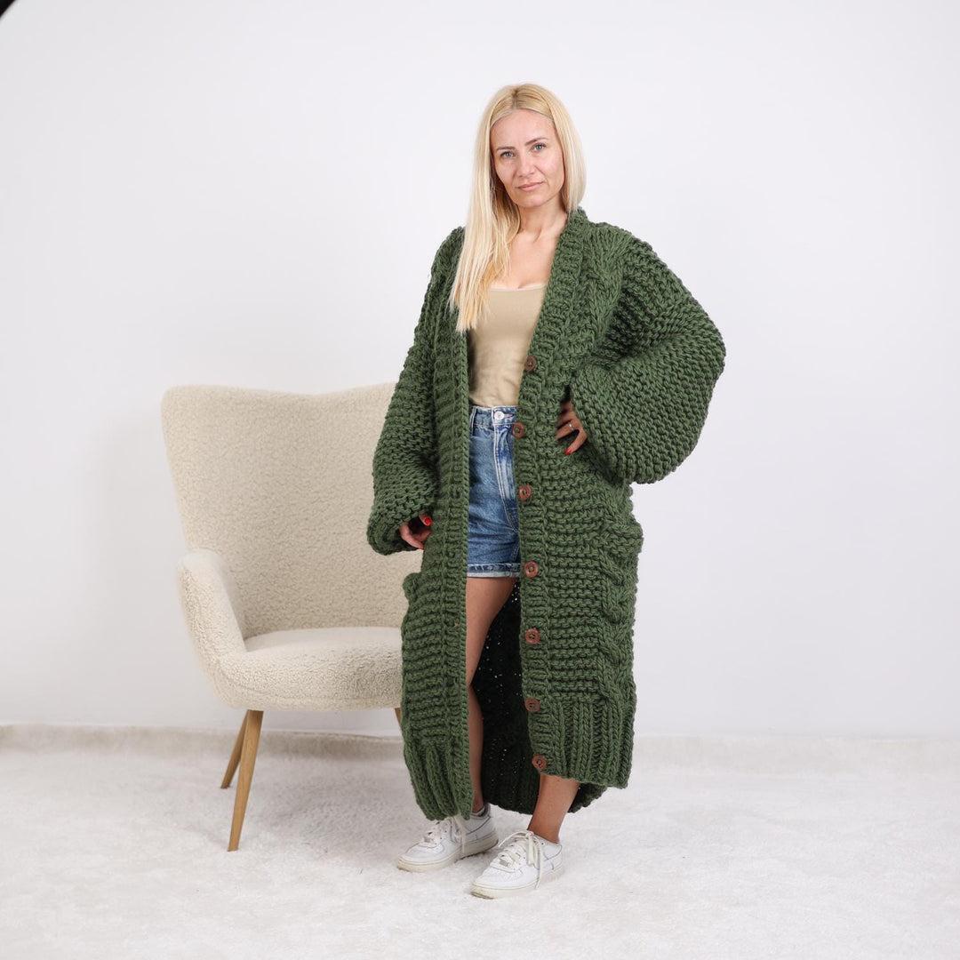 Green Wool Cardigan – Hand Knitted Long Cable Knit Coat with Buttons T1892