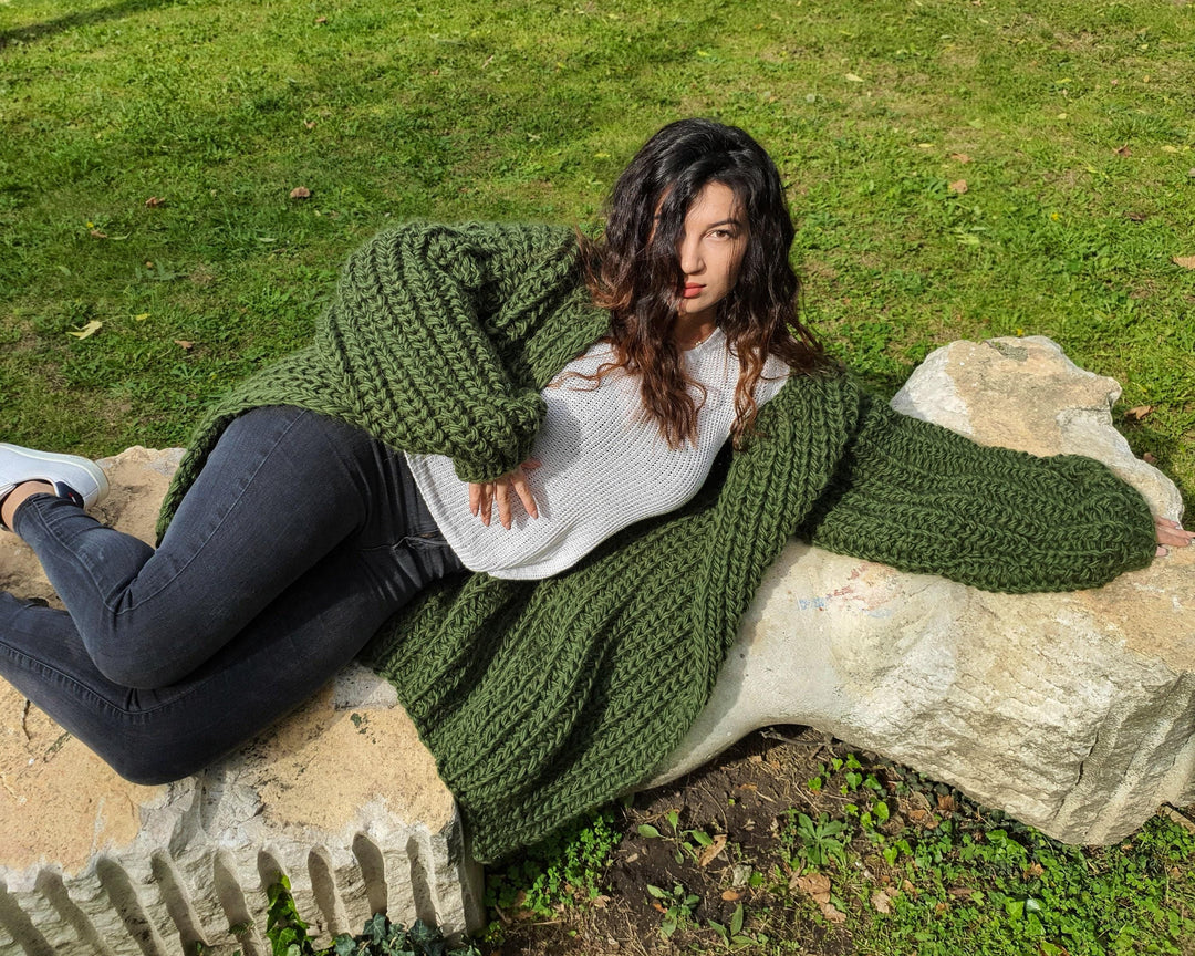 Chunky Wool Cardigan – Hand Knitted 100% Wool English Rib Coat T902