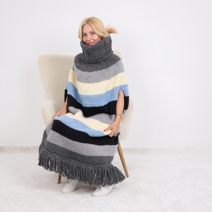Striped Wool Poncho – Hand Knitted 3-Strand Fringed Cape with Long Turtleneck T1895
