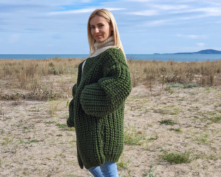 Chunky Wool Cardigan – Hand Knitted 100% Wool English Rib Coat T902