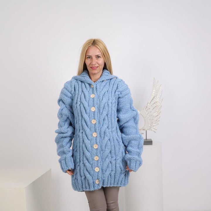 Chunky Cable Knit Cardigan – Hand Knitted Wool Alpaca Blend with 50 cm Turtleneck T1920