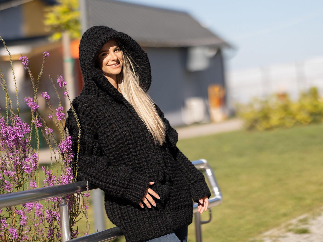 Chunky Black Mohair Cardigan – Hand Knitted Italian Mohair Lambswool Coat T1268