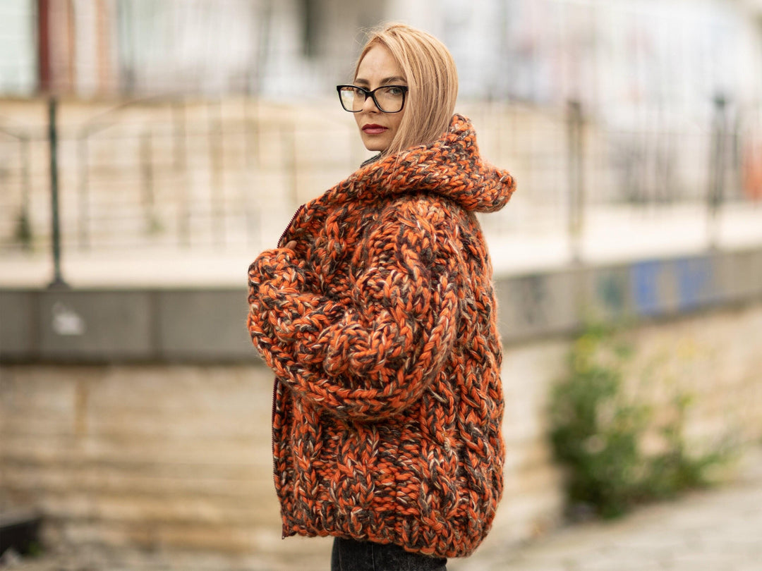 Chunky Orange Wool Blend Cardigan – 20-Strand Hand Knitted Mohair Alpaca Yak Jacket T1077