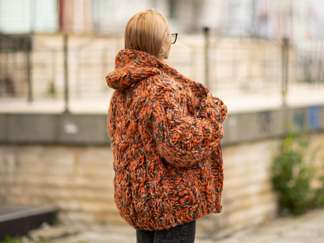 Chunky Orange Wool Blend Cardigan – 20-Strand Hand Knitted Mohair Alpaca Yak Jacket T1077