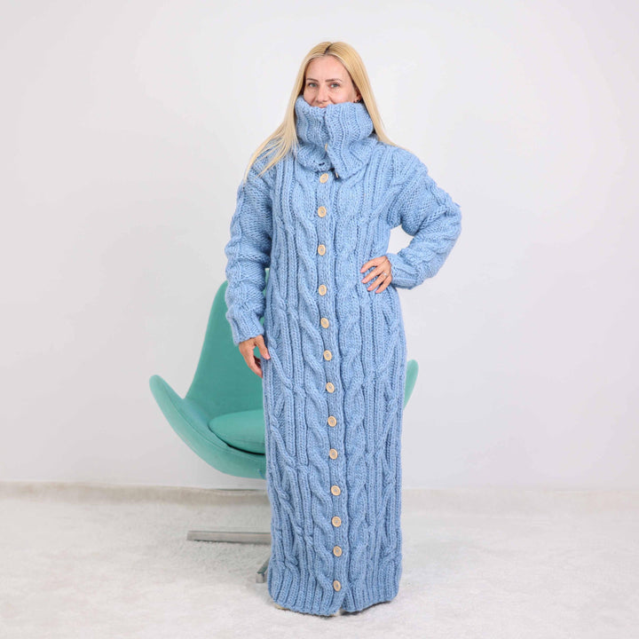 Chunky Cable Knit Cardigan – Long Wool Alpaca Coat with 50 cm High Neck T1876
