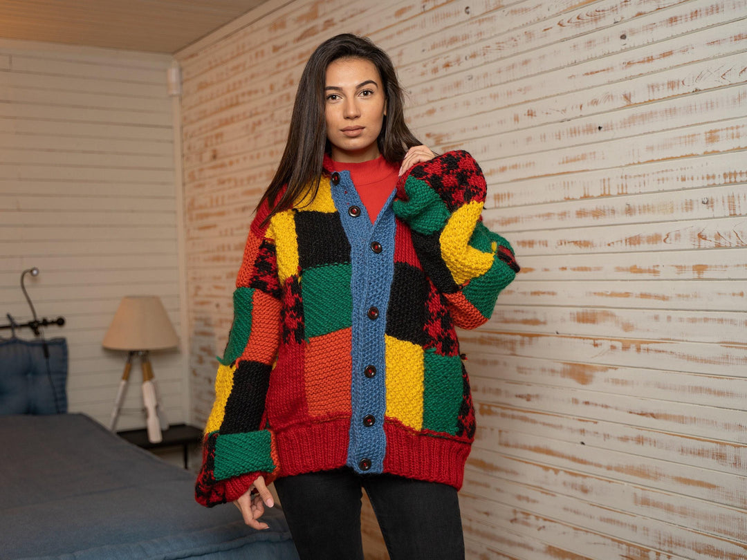 Wool Cardigan – Hand Knitted 100% Wool Jacket in Harry Style Design T1144