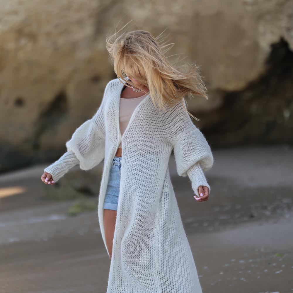 Sheer Alpaca Wool Cardigan – Hand Knitted Transparent Maxi Duster T1933