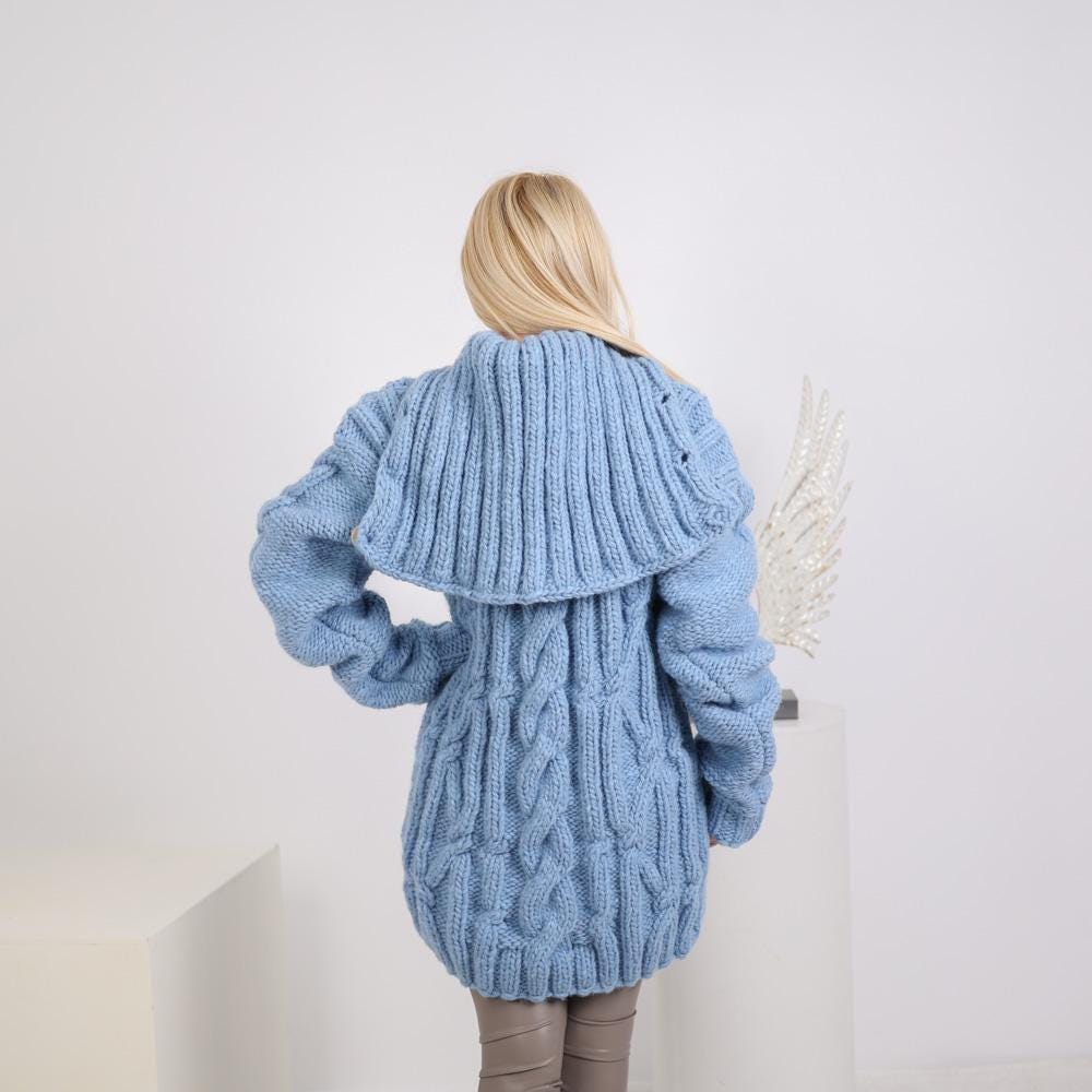 Chunky Cable Knit Cardigan – Hand Knitted Wool Alpaca Blend with 50 cm Turtleneck T1920