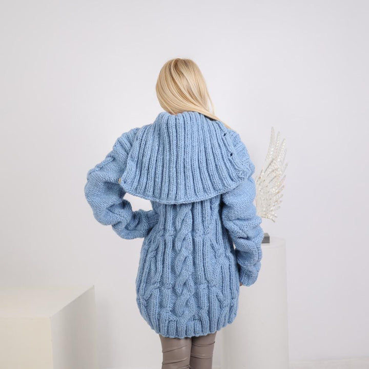 Chunky Cable Knit Cardigan – Hand Knitted Wool Alpaca Blend with 50 cm Turtleneck T1920