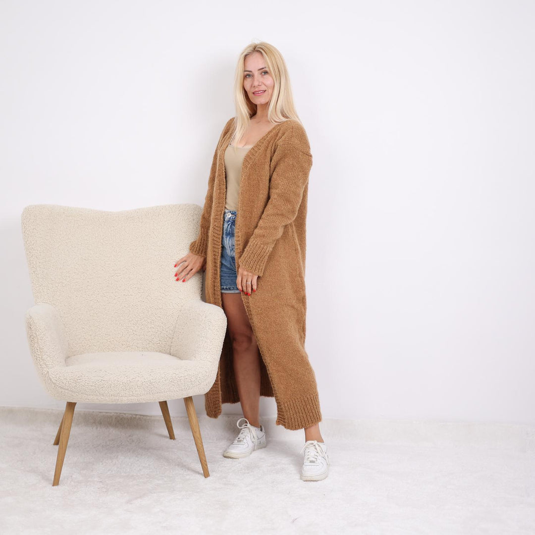 Soft Alpaca Long Cardigan – Hand Knitted Lightweight Cozy Duster T1893