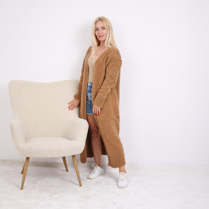 Soft Alpaca Long Cardigan – Hand Knitted Lightweight Cozy Duster T1893