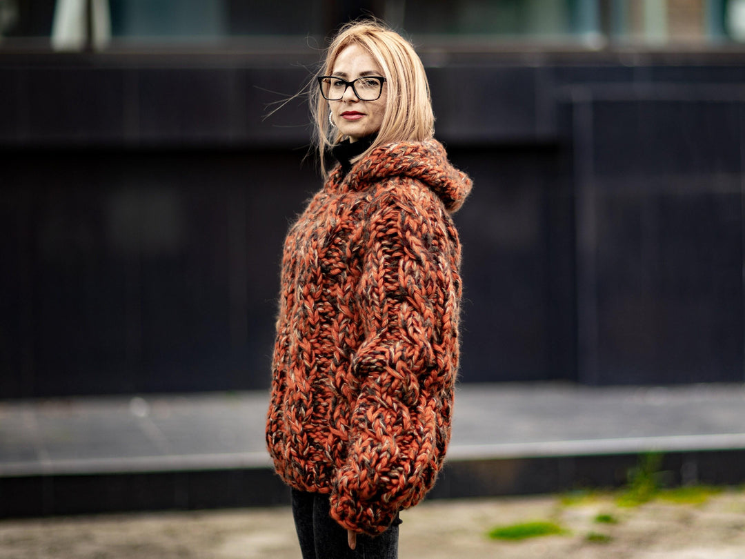 Chunky Orange Wool Blend Cardigan – 20-Strand Hand Knitted Mohair Alpaca Yak Jacket T1077