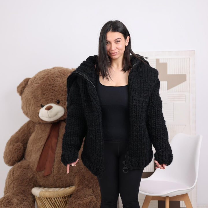 Super Chunky Yak Wool Cardigan – 38-Strand Hand Knitted with Extra Long Turtleneck T1843
