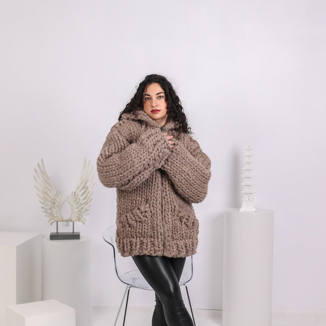 Extra Chunky Wool Cardigan – 12-Strand Hand Knitted Thick Knit Coat T1646