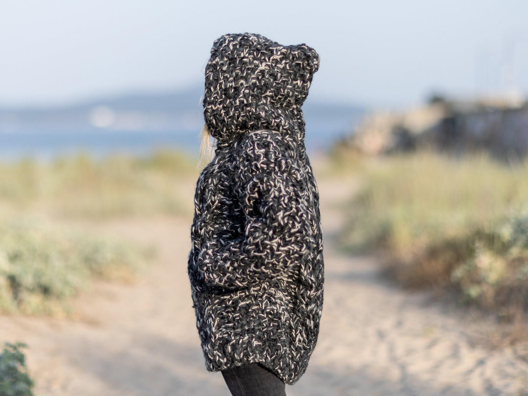 Chunky Wool Blend Cardigan – Hand Knitted Yak Mohair Alpaca Mix Jacket T1086