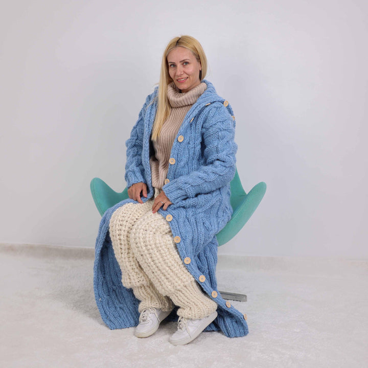Chunky Cable Knit Cardigan – Long Wool Alpaca Coat with 50 cm High Neck T1876