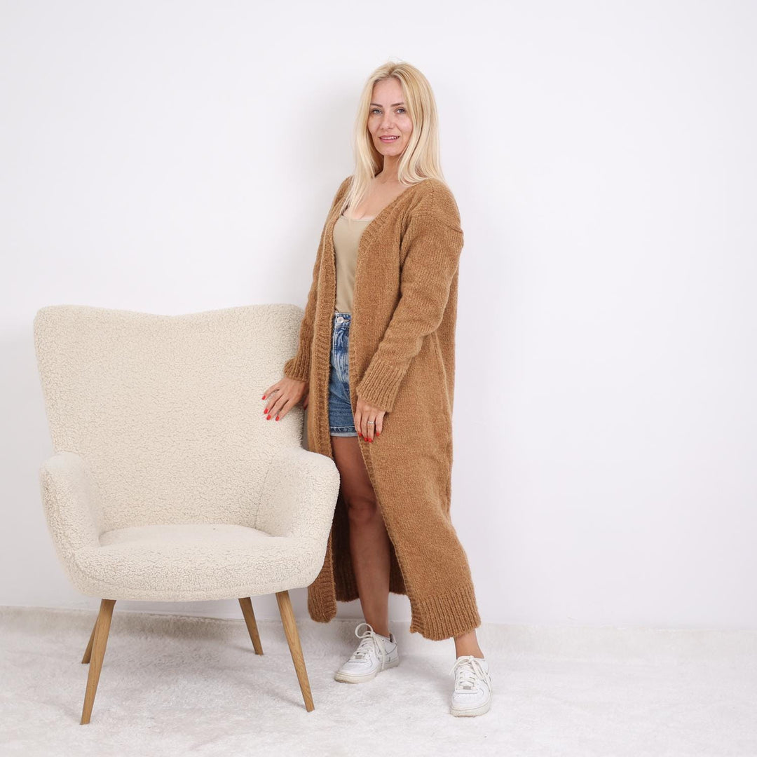 Soft Alpaca Long Cardigan – Hand Knitted Lightweight Cozy Duster T1893