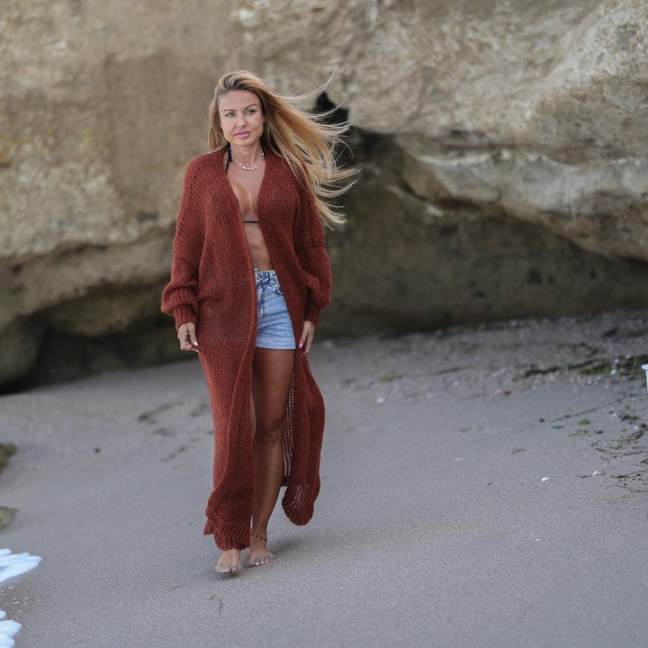 Rust Brown Alpaca Wool Cardigan – Hand Knitted Lightweight Maxi Duster T1935