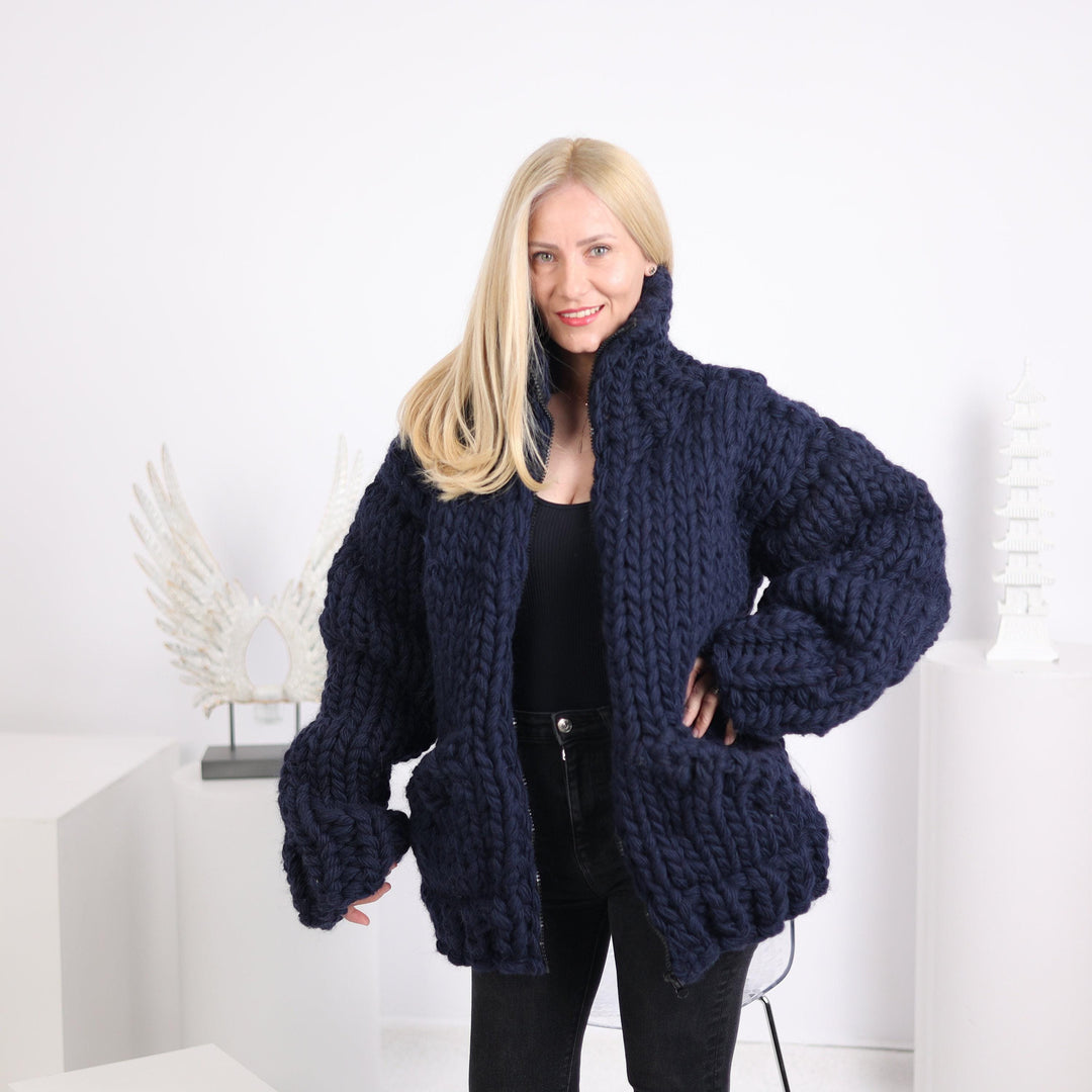Extra Chunky Wool Cardigan – 12-Strand Hand Knitted Thick Sweater T1629