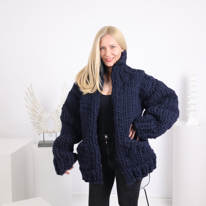 Extra Chunky Wool Cardigan – 12-Strand Hand Knitted Thick Sweater T1629