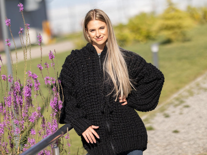 Chunky Black Mohair Cardigan – Hand Knitted Italian Mohair Lambswool Coat T1268