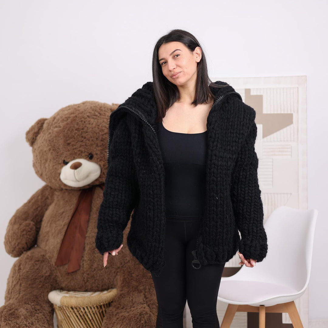 Super Chunky Yak Wool Cardigan – 38-Strand Hand Knitted with Extra Long Turtleneck T1843