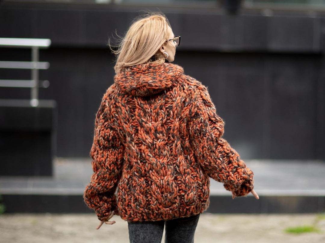 Chunky Orange Wool Blend Cardigan – 20-Strand Hand Knitted Mohair Alpaca Yak Jacket T1077