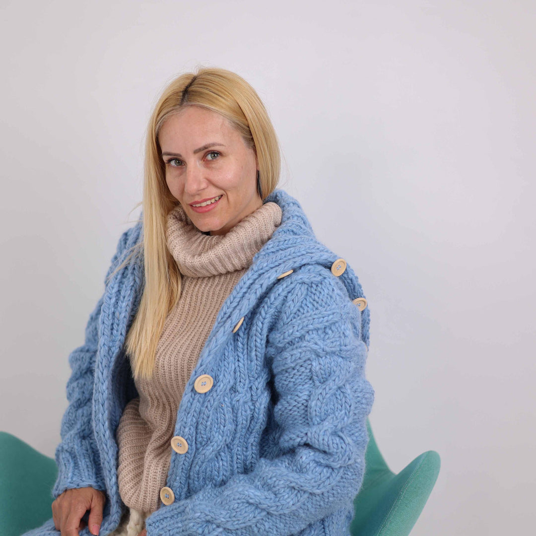 Chunky Cable Knit Cardigan – Long Wool Alpaca Coat with 50 cm High Neck T1876