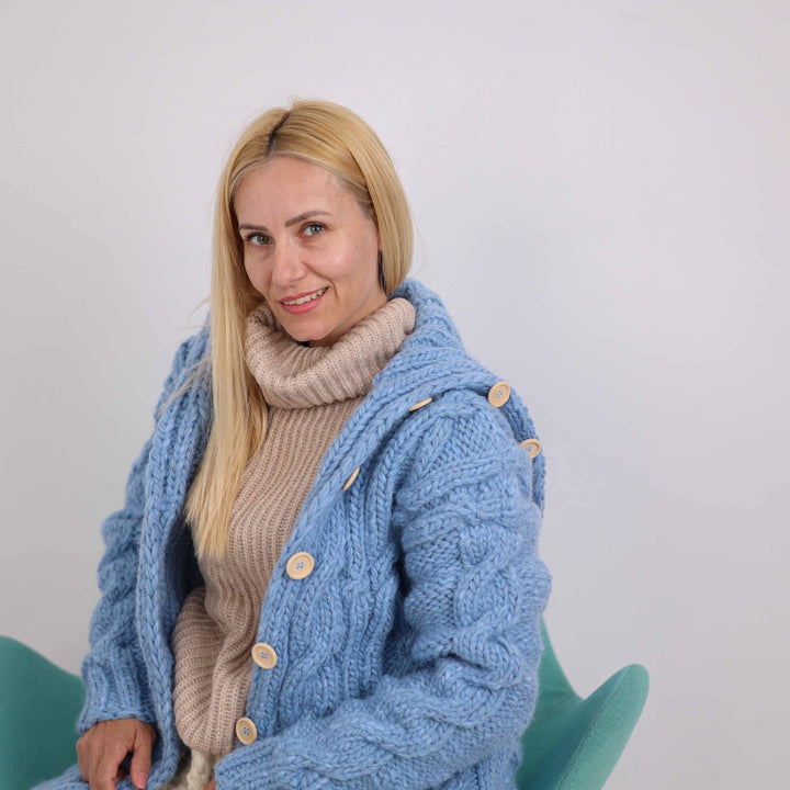 Chunky Cable Knit Cardigan – Long Wool Alpaca Coat with 50 cm High Neck T1876