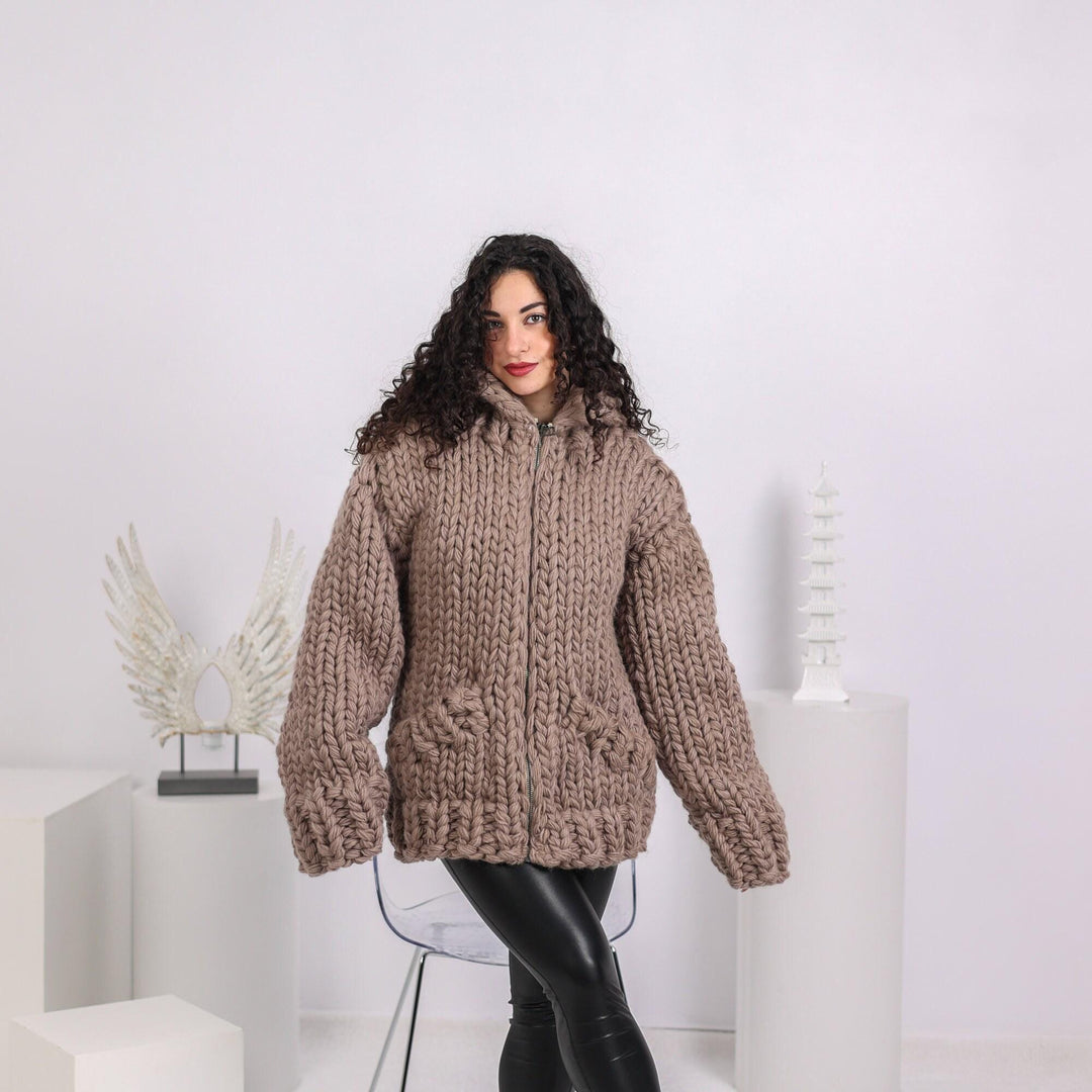 Extra Chunky Wool Cardigan – 12-Strand Hand Knitted Thick Knit Coat T1646