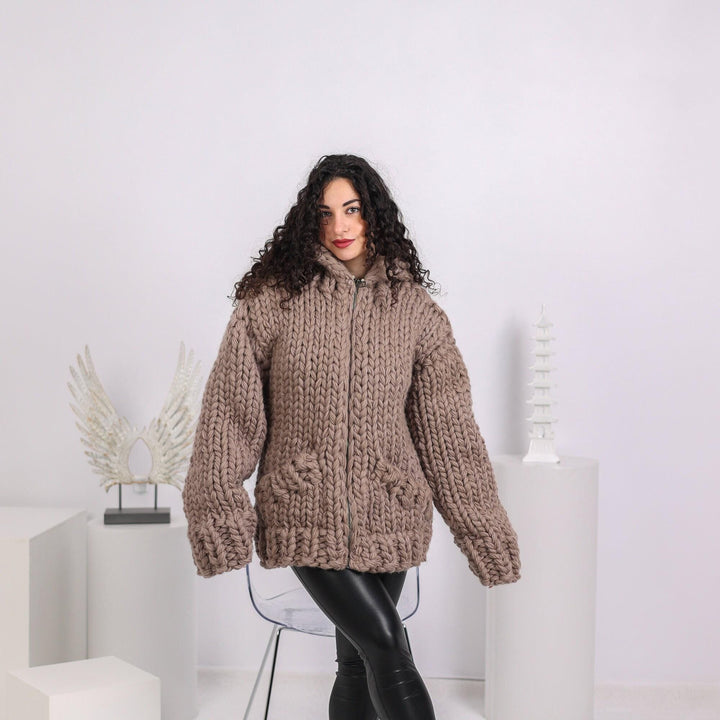 Extra Chunky Wool Cardigan – 12-Strand Hand Knitted Thick Knit Coat T1646