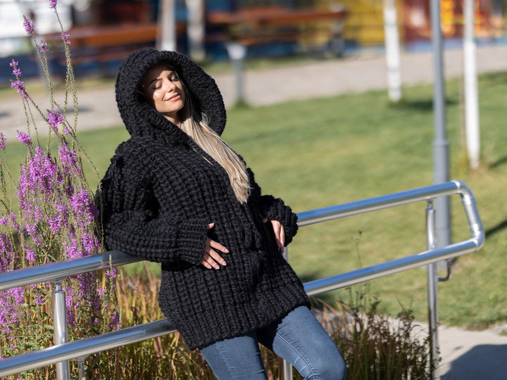 Chunky Black Mohair Cardigan – Hand Knitted Italian Mohair Lambswool Coat T1268