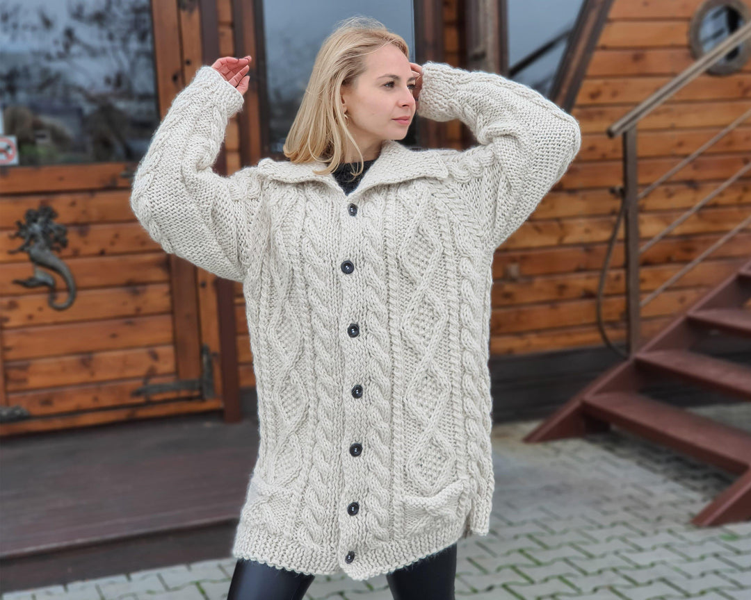 Cream Alpaca Cardigan – Hand Knitted 100% Alpaca Chunky Soft Coat T959